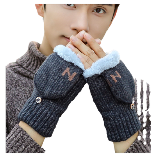 手套男秋冬季针织骑行学生冬天加绒写字保暖防寒半指翻盖棉手套女