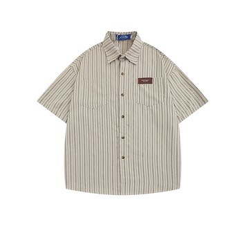 Retro japanese striped lapel short-sleeved shirt for men and women Retro japanese striped lapel short-sleeved shirt for men and women