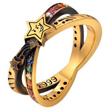 Hengchao jewelry starburst ring pure gold 999 original design trendy brand black gold