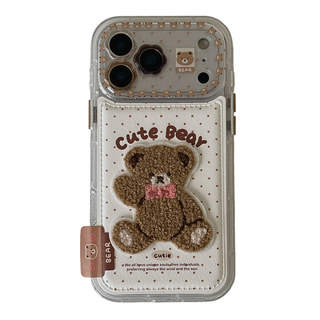 独壳 皮质棕色波点刺绣小熊适用苹果17promax手机壳日韩风卡通iPhone16新款15防摔14pro女款13创意手机套硬壳