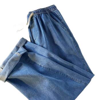 ໂສ້ງຢີນເກົ້າຈຸດແບບ Retro washed distressed woven drawstring men's Korean style handsome straight-leg elastic waist pants