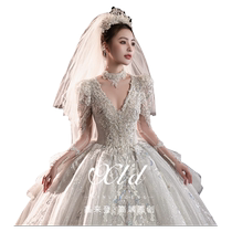 Neptune] Wedding dress bride 2024 new style large tail V-neck high-end main yarn fugitive princess heavy industry long sleeves
