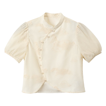 SUSHE Chinese style new Chinese style small stand collar diagonal lapel mountain stream Xiangyun dark pattern puff short-sleeved shirt for women summer