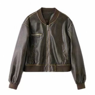 手工擦色美式短款机车皮衣夹克女新款复古拉德外套皮夹克百搭上衣