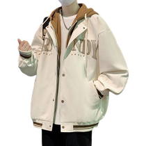 Baseball jacket mens spring and autumn vacation two-piece hooded casual jacket mens youth printed American tops