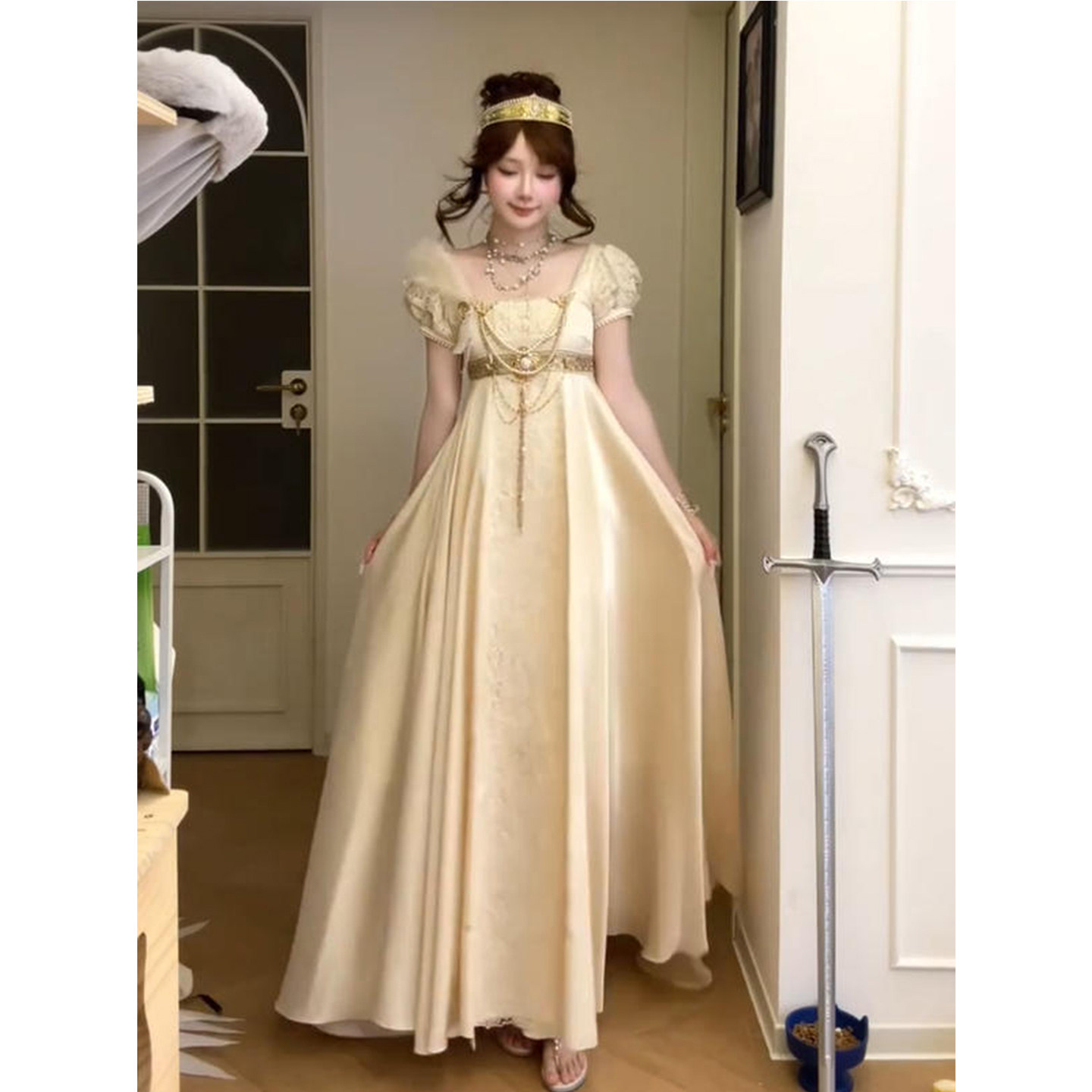 Vintage embossed acetate satin Empire dress Lolita dress elegant court style Lolita long dress