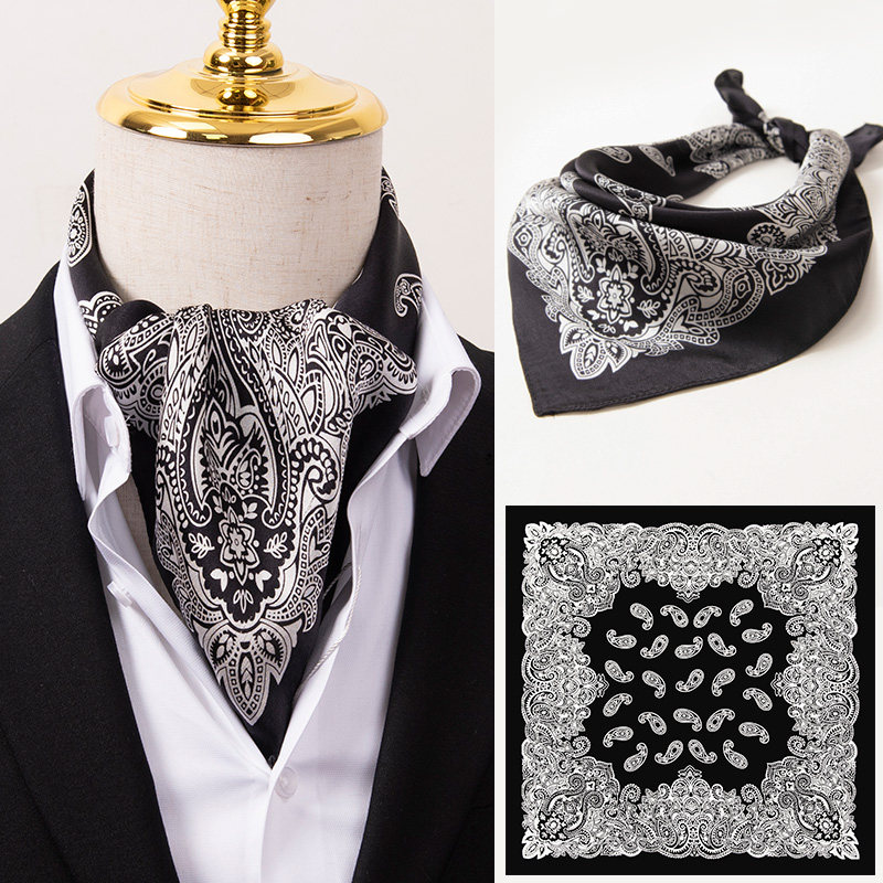 Black Paisley Pattern ~ Elegant Men's Silk Square Scarf, 100% Mulberry Silk, Suitable for Pairing with Shirts and Suits