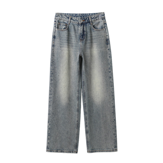 Jeans Rhinestone ຂອງແມ່ຍິງ Retro ຊັກຜ້າຝ້າຍຍາວ