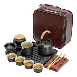 Ceramic Travel Kung Fu Tea Set Simple Teapot Outdoor Tea Tray Portable Bag Business Gift Customized LOGO