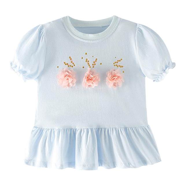2025 new summer style girls' puff short-sleeved T-shirts with flower decorations, children's skirts and tops, fashionable