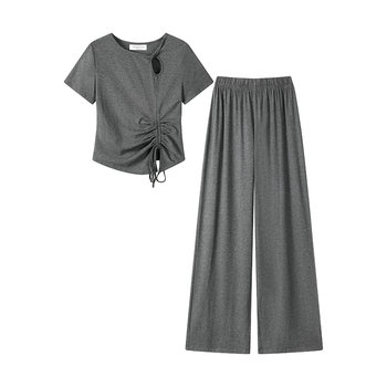 Xinmonlee summer loose slim drape pants casual pants summer niche design ເສື້ອທີເຊີດສັ້ນສອງສິ້ນຊຸດສໍາລັບແມ່ຍິງ