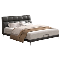 (New product) Yalan Leather Bed Black Minimalist First Layer Cowhide Master Bedroom Double Bed Poplar Upholstered Bed Black Qiao