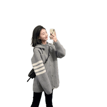 Winter Thickened Warm Knit Cardigan Cardigan Grey Lian Hat Striped Collision Color Splice Minimalist Superior Trendy Blouse