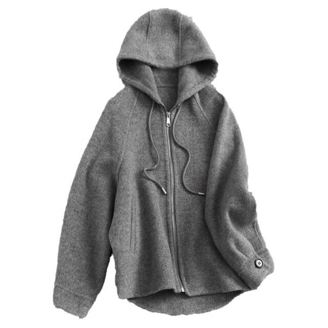 双面羊绒夹花灰宽松连帽拉链衫2024冬插肩长袖大衣女毛呢外套G162