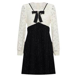 FEXATA斐格思2025秋新品蝴蝶结浪漫蕾丝连衣裙假两件裙子小礼服裙