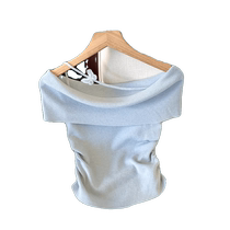 French one-shoulder short-sleeved sweater for women summer thin slim-fit pleated bow-waisted short hot girl top