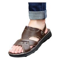 Slippers Mens Dad Middle Aged Sandals Head Layer Cow Leather Thick Bottom Genuine Leather Summer Cold Drag Outwear Casual Beach Shoes 2925