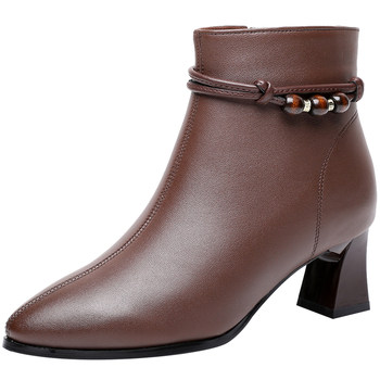 Genuine leather thick heel short boots for women, fashionable women's boots, slim pointed toe high-heeled leather shoes, 2025 winter new style plus fleece sheepskin ankle boots