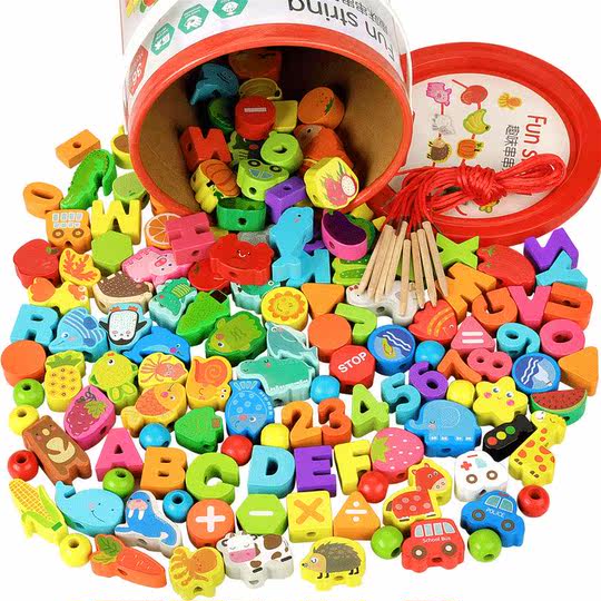 Beads and string puzzle for infants and toddlers, focused on 2 years old