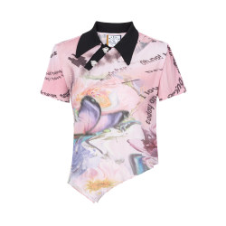 Mi Fan Summer New Dream Butterfly. Wangbei Ai custom printed pleated cheongsam collar top T-shirt new Chinese style