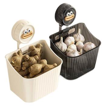 Suction cup onion, ginger and garlic storage box kitchen storage rack wall-mounted ginger and garlic storage artifact without punching storage hanging basket