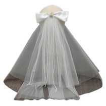 Bride wedding headdress white bow pearl short veil photo props collection registration photo small veil