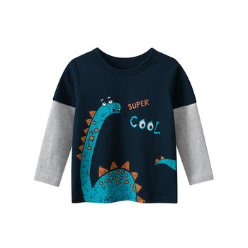 27kids trendy boys' fake two-pieces clothes ເດັກນ້ອຍພາກຮຽນ spring and autumn long-sleeved T-shirt baby dinosaur children's pure cotton children's spring clothes