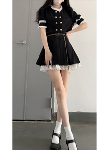 小个子两件套装女夏季时尚洋气网红排扣小香风a字百褶短裙半身裙