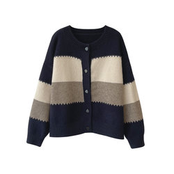 Lolola Lazy Style Color Block Sweater Women's 2023 Autumn New Round Neck Striped Straight Knitted Cardigan Top