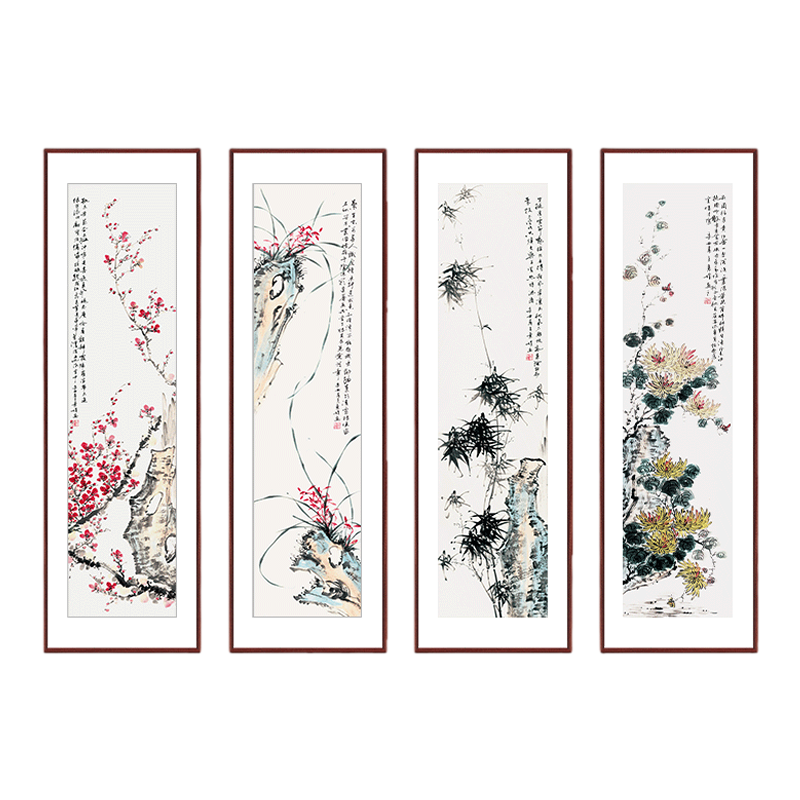 梅蘭芳 花鳥図 四条屏 手描き 掛軸 山水画　中国画 四幅セット 和室飾り 梅蘭芳 花鳥図 四条屏 手描き 掛軸 山水画 中国画 四幅セット 和室飾り