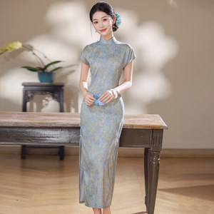 紫色高端真开襟旗袍长款夏季复古喜妈妈婚宴礼服短袖精致贵气送考