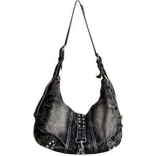 American Retro Distressed Wasteland Style Studded Washed Denim Canvas Bag Commuter Fashion Single Shoulder Crossbody Tote Bag