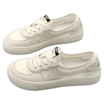 Breathable mesh leather flat white sneakers for women