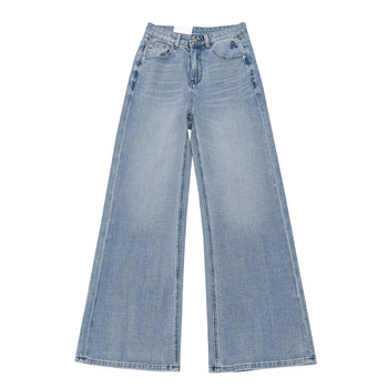 Kngs spring retro style french light blue denim high waist straight bootcut trousers for women