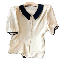 Baby doll collar striped short-sleeved chiffon shirt womens summer new style slimming age-reducing doll shirt unique small shirt top