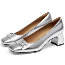 Gingerbread Man] Salsa Su 2024 Autumn New Thick Heel Square Toe High Heels Womens French Slip-on Leather Shoes