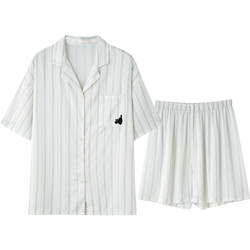 ຊຸດນອນຄູ່ Princess Mark ສໍາລັບແມ່ຍິງ summer ice silk striped short-sleeved men's silk suits cool and can be wear outside home.