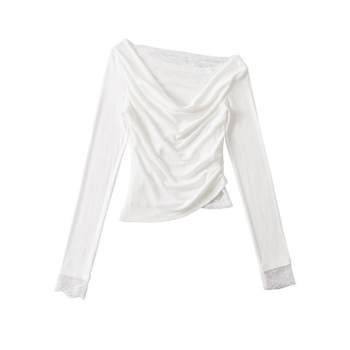 White Moonlight ~ Lace Patchwork, Asymmetrical Neckline, Off-Shoulder, Long-Sleeved, Ruched, Slim-Fit T-Shirt, Spring Wear, Can Be Worn as an Inner Layer or Outer Top for Women