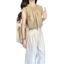Temperament Bow Tie Stand Collar Sleeveless Shirt Womens Summer Loose French Chic Beautiful Small Shirt Front Shoulder Top