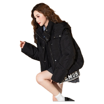 (Waterproof) Tangshi 2024 Autumn and Winter New Womens Hooded Short Cotton Coat Black Splicing Casual Trendy Jacketz