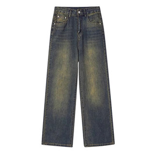 水泥灰阔腿牛仔裤女秋冬加绒梨形身材胖mm宽松大码显瘦垂感直筒裤