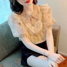 Платье для береемнных 泡泡袖雪纺衬衫女装夏装2023新款韩版洋气设计感小众蕾丝短袖上衣