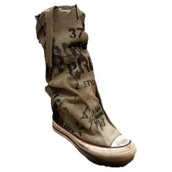 Graffiti distressed canvas boots women's trousers pile boots thick-soled mid-calf boots 2024 new autumn boots niche sneakers