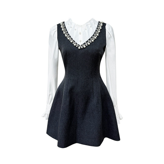 Lazy Didi曲线雕刻 手工钉珍珠A版连衣裙假两件泡泡袖高腰重工裙