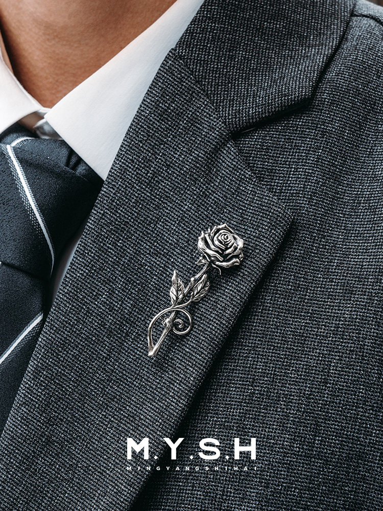 MYSH Sterling Silver 3D Rose Brooch for Men - Vintage Style, High-End Solid Corsage Pin, Original Design