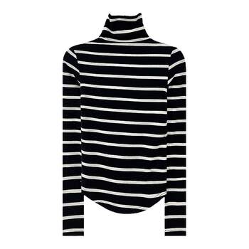 Autumn and Winter New High-Neck Slim Fit Pure Desire Style Curved Hem Color-Block Striped Long-Sleeve T-Shirt Top for Women Base Layer Shirt