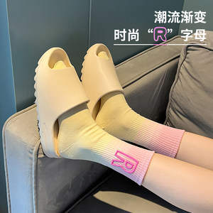 中筒袜子女夏季薄款棉渐变绿色设计感高腰ins潮配老爹鞋的长袜子