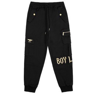 BOYLONDON秋季情侣款长裤黑金色绣花多口袋百搭休闲哈伦裤N34004