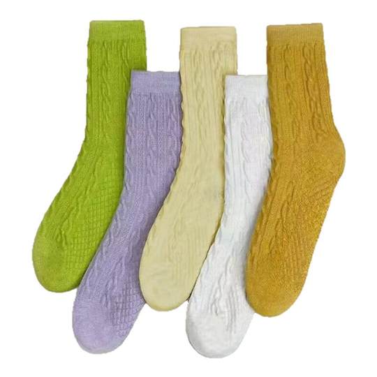 Korean version of spring and autumn new style of twisted vertical striped socks for women's middle tube solid color pile confinement socks retro forest style ins trend