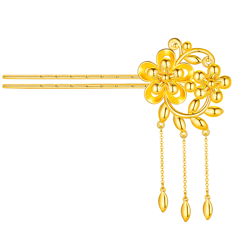 六福珠寶黃金足金婚嫁發簪女式結婚髮簪計價植物花卉設計